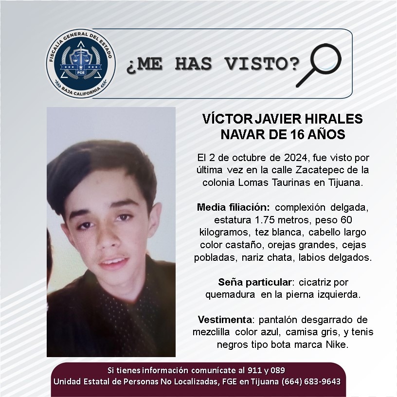 Servicio social: Se busca a Víctor Javier Hirales Navar de 16 años