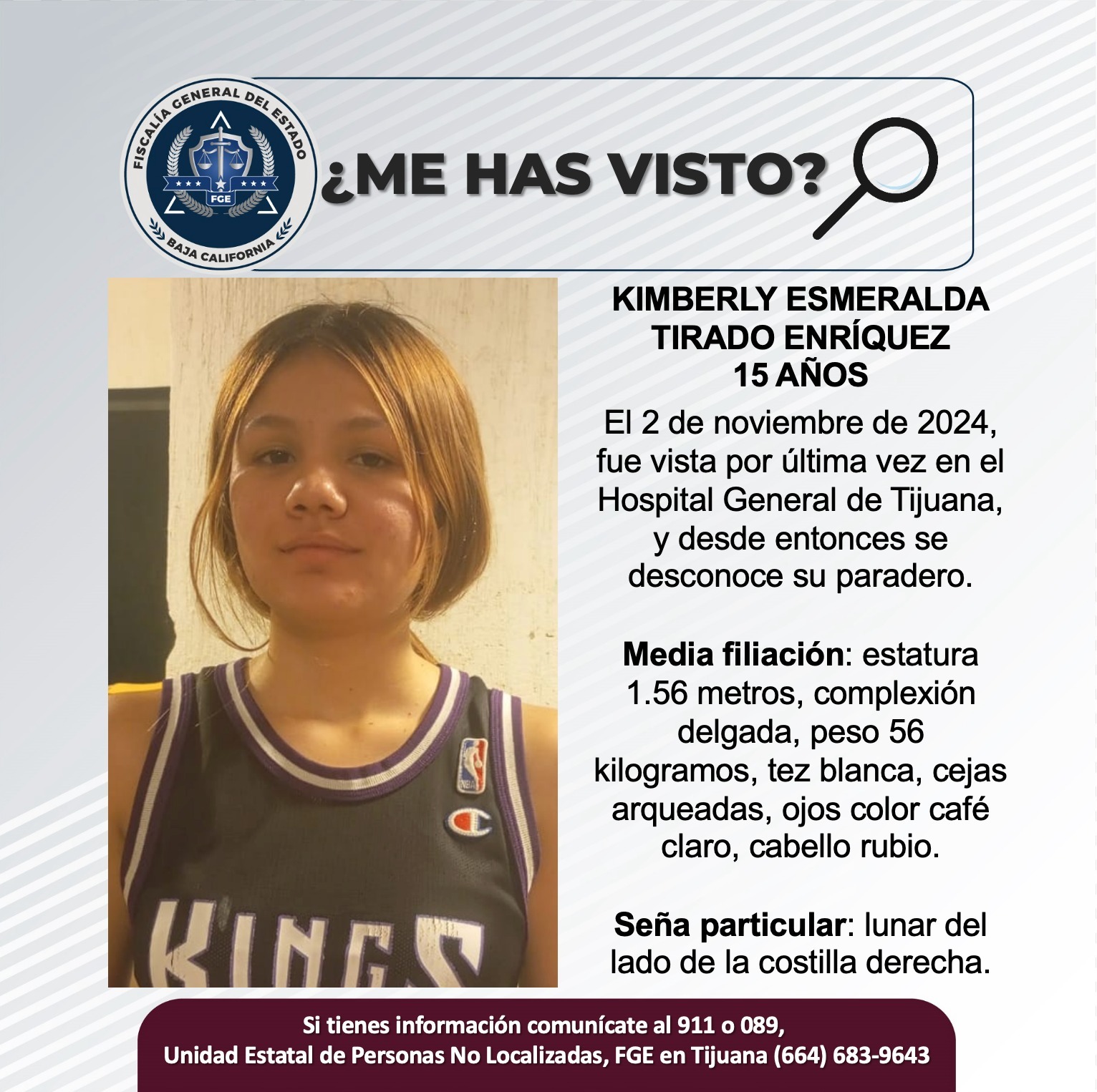 Servicio social: Se busca a Kimberly Esmeralda Tirado Enríquez de 15 años de edad