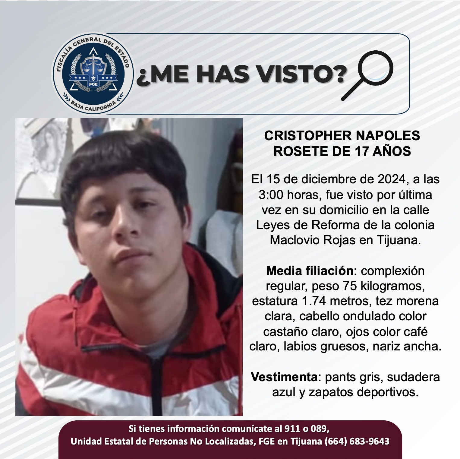 Servicio social: Se busca a Cristopher Napoles Rosete de 17 años de edad