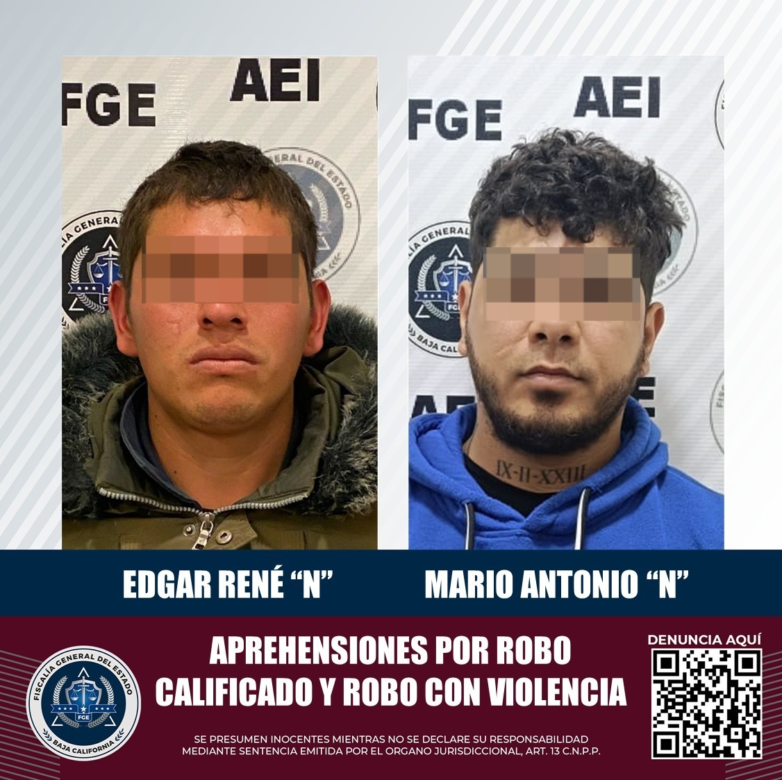 AEI cumplimenta dos órdenes de aprehensión en Tijuana por robo calificado y robo con violencia