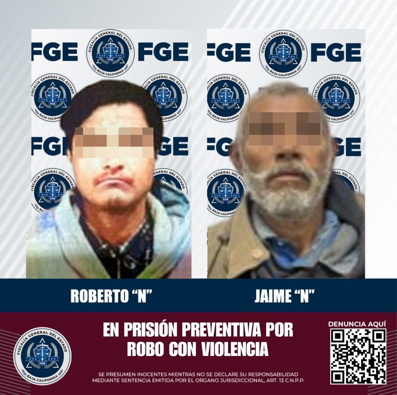 Logra FGEBC prisión preventiva contra dos masculinos por robo con violencia